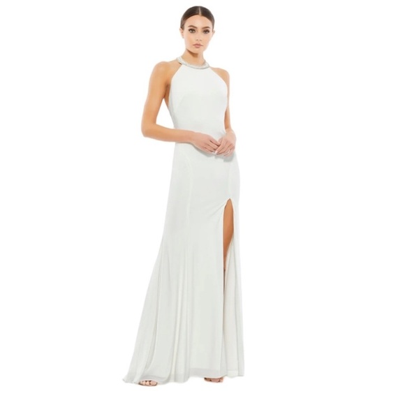 Ieena for Mac Duggal 25572 White Beaded Halter Maxi Dress Women's Size 2 NWT - Picture 1 of 6